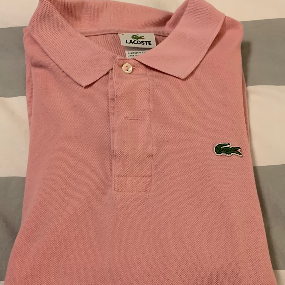 coral, light green, and white Lacoste polo shirts!!! Like-new $36 for three